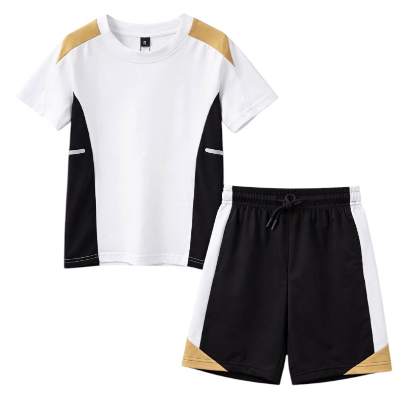 Boys white T-shirt with black side panels and gold trim, matching black drawstring shorts