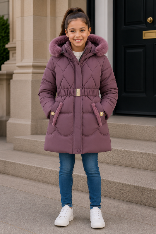 Girls plum faux fur hooded belted puffer coat with side pockets and front buttons