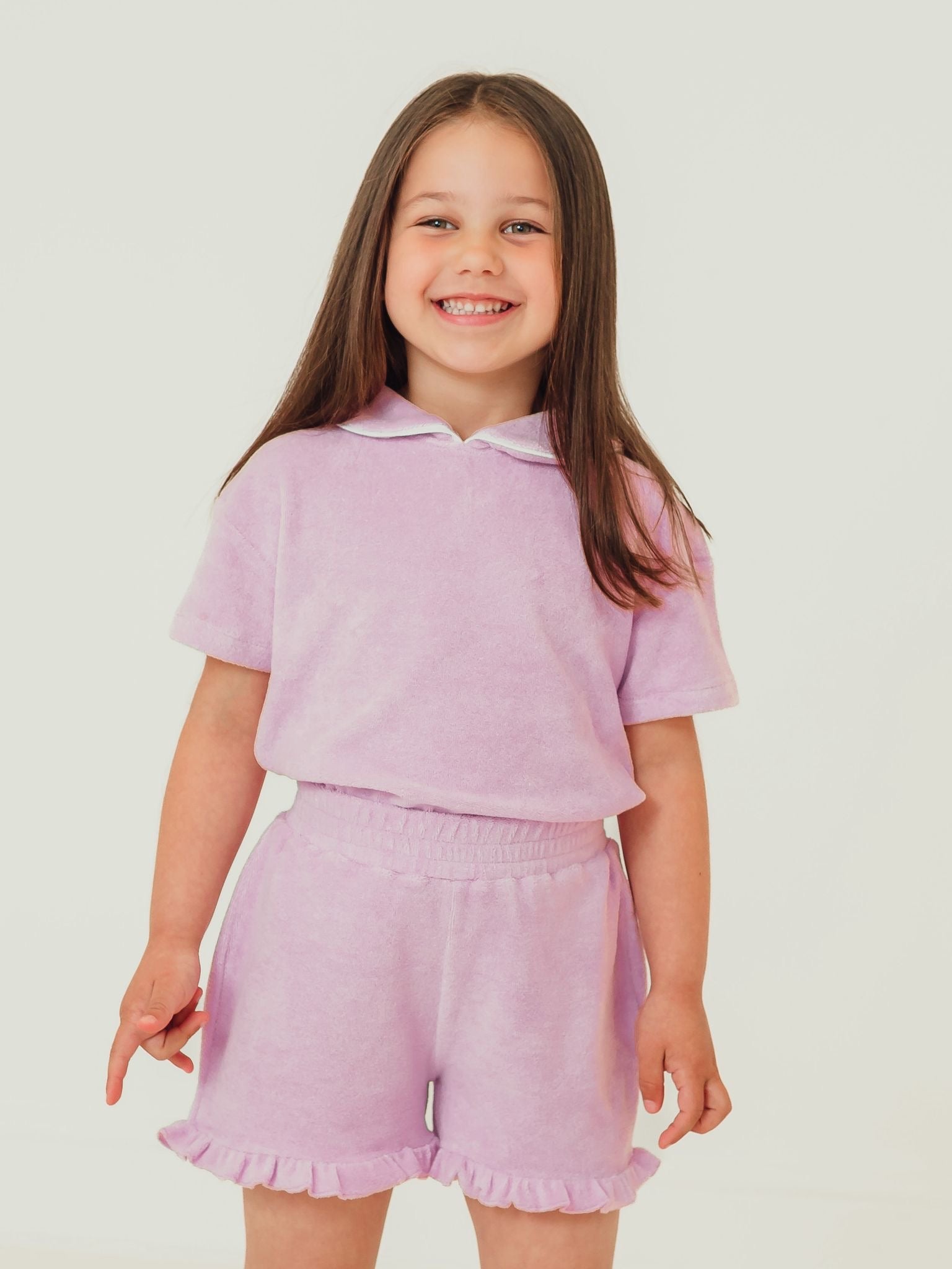 Lilac towelling short set with frilled collar and drawstring waist shorts