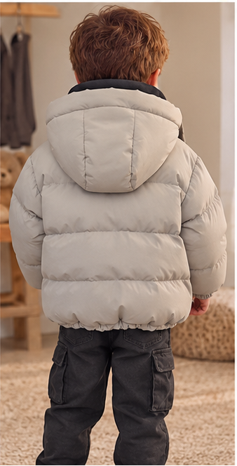 A young boy modeling a light gray puffer jacket with dark gray and black trim, shown in a main photo and a collage of close-up detail shots on the right.