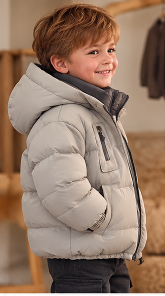 A young boy modeling a light gray puffer jacket with dark gray and black trim, shown in a main photo and a collage of close-up detail shots on the right.