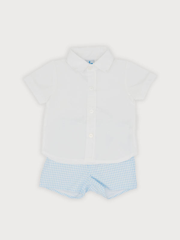 Baby blue gingham shorts set with white button-up shirt