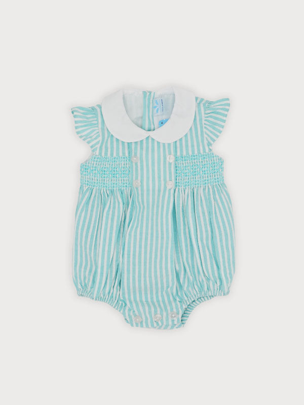 Mint green striped romper with white Peter Pan collar, short sleeves and button front