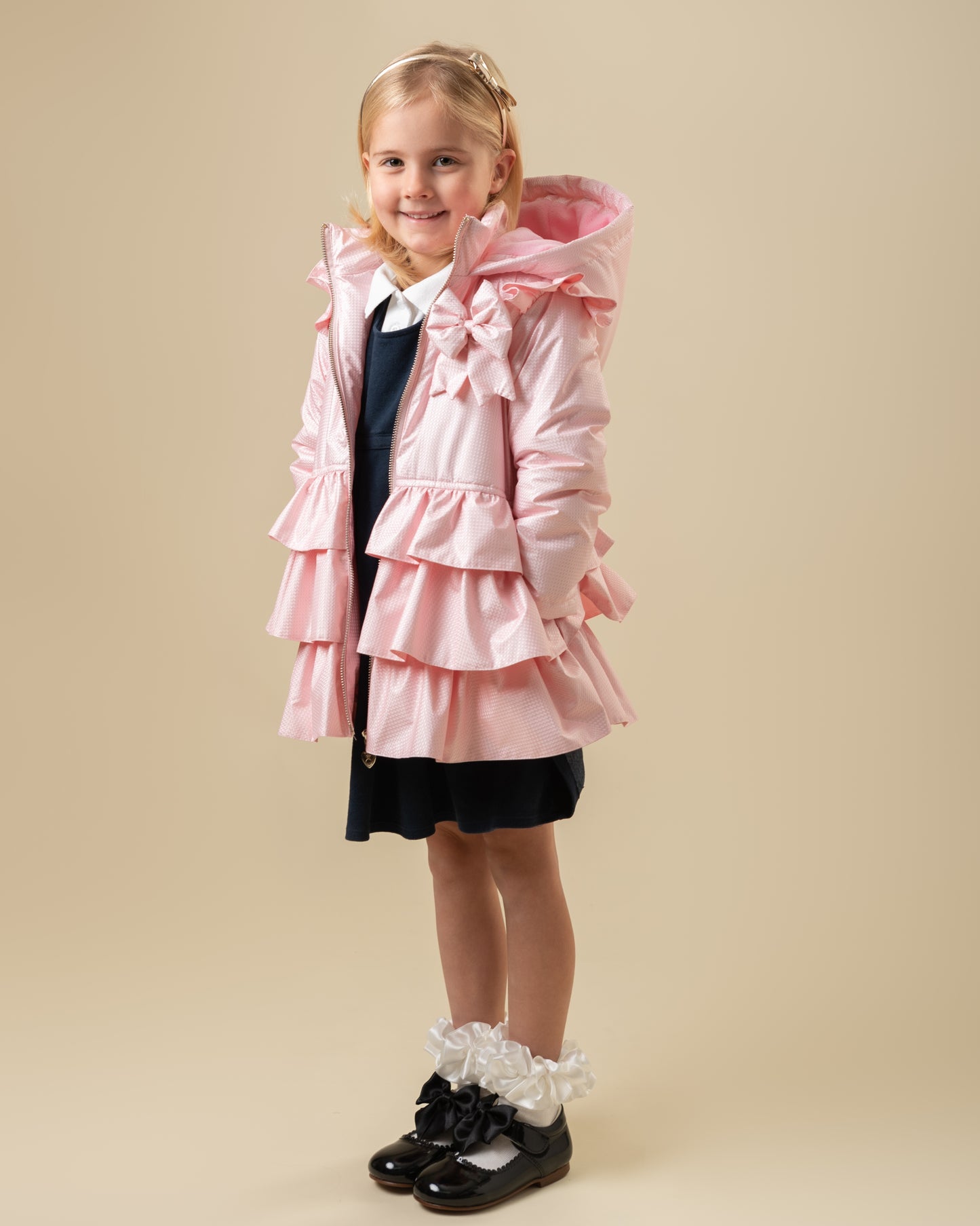 Caramelo Kids Girls Pink Bow Ruffle Pleated Coat