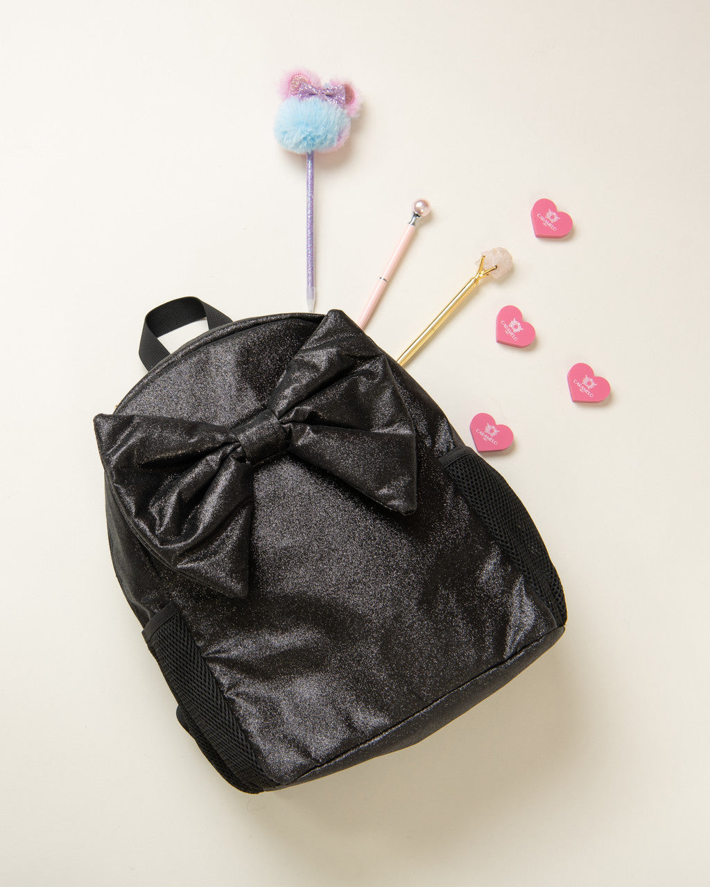 Caramelo Kids Black School Bag Glitter Back Pack with Bow