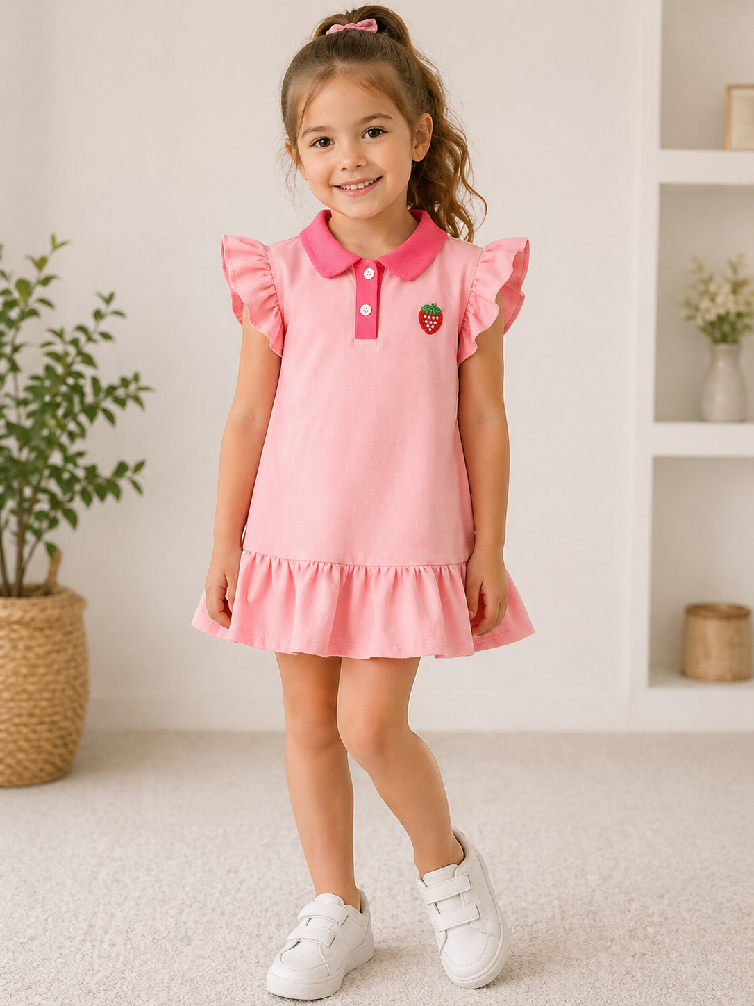 Girls pink strawberry polo frill dress with flutter sleeves and gathered hem