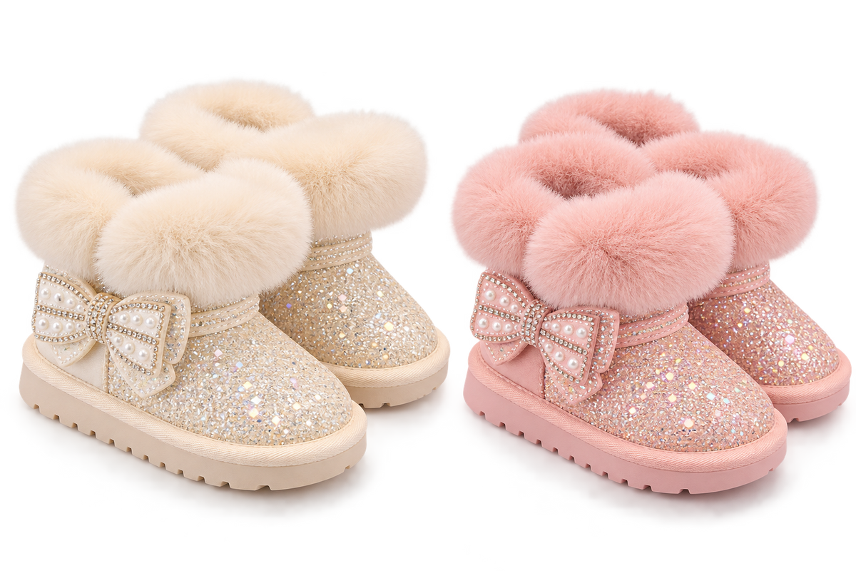 Girls glitter winter boots with bow, fur trim; pink and cream ankle boots