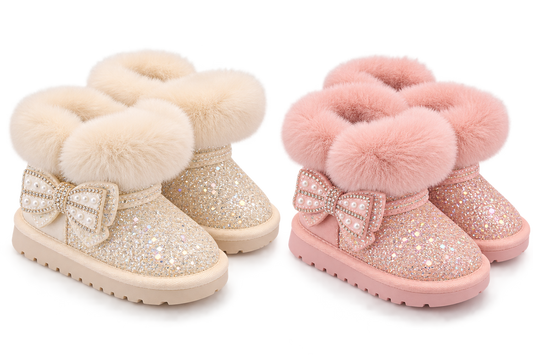 Girls glitter winter boots with bow, fur trim; pink and cream ankle boots