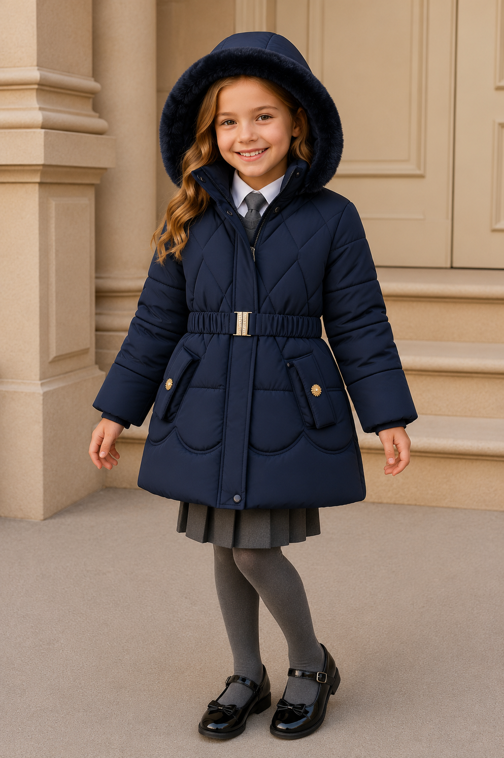 Girls navy hooded faux-fur puffer coat with belted waist and flapped pockets