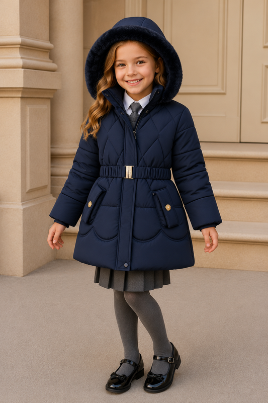 Girls navy hooded faux-fur puffer coat with belted waist and flapped pockets