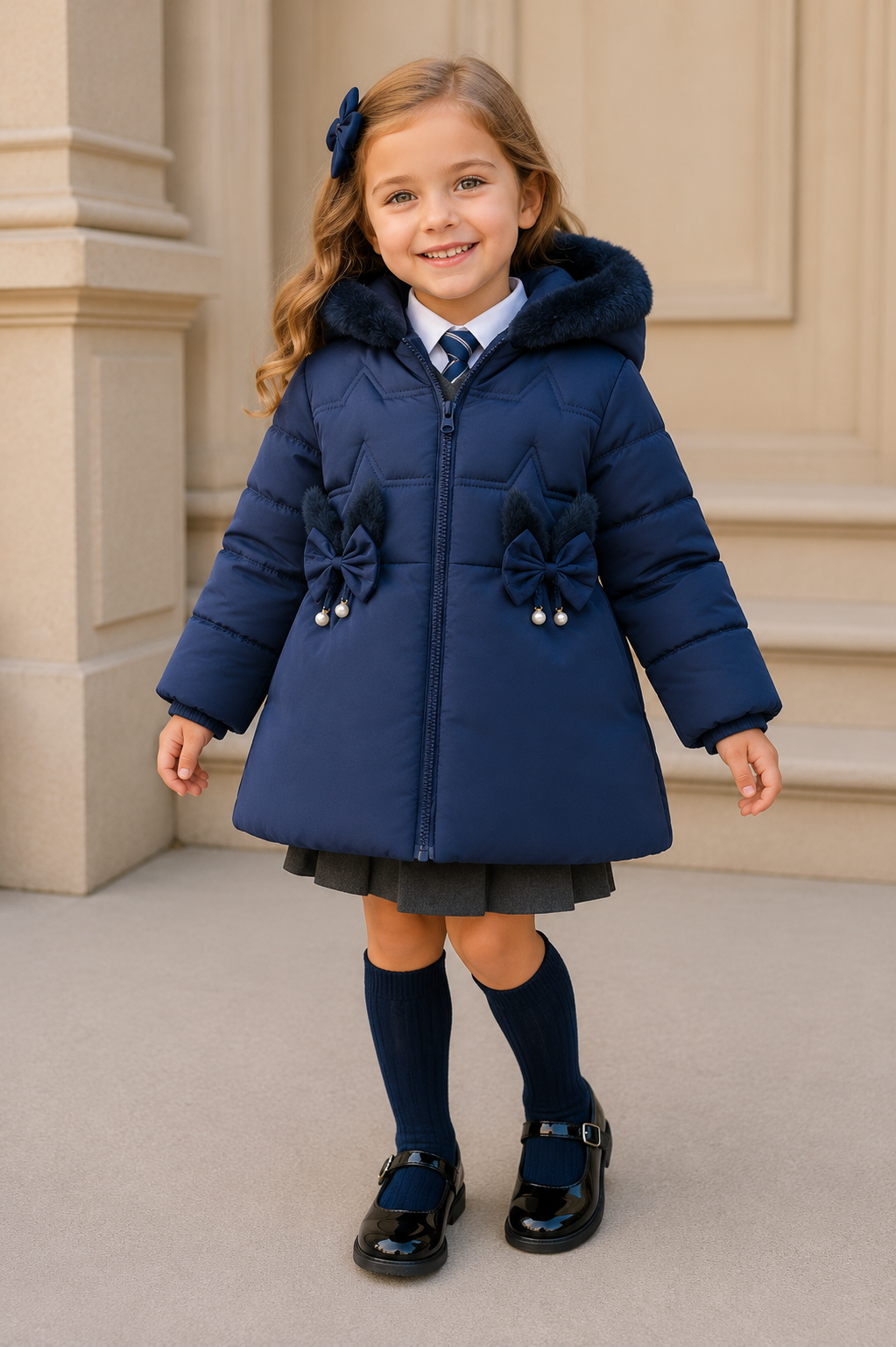 Girls Faux Fur Hooded Navy Blue Winter Puffer Coat | Warm Padded Jacket | Ages 2–6 *Online Product