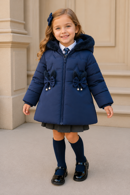 Girls Faux Fur Hooded Navy Blue Winter Puffer Coat | Warm Padded Jacket | Ages 2–6 *Online Product