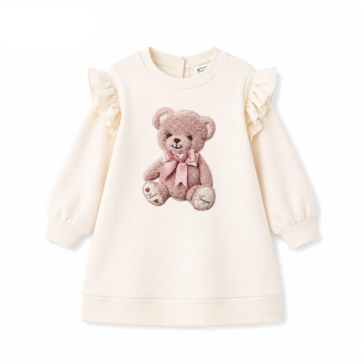 Cream long-sleeve dress with ruffled shoulders and teddy bear graphic