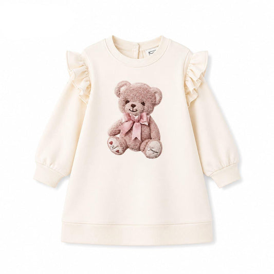 Cream long-sleeve dress with ruffled shoulders and teddy bear graphic