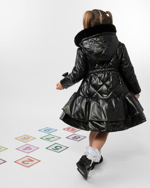 Caramelo Kids Girls Black Quilted Coat with Bow