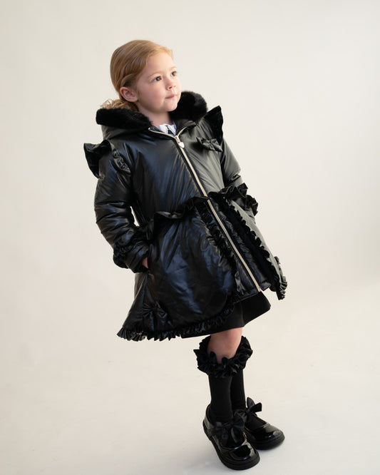 Caramelo Kids Black Fur Trim Hood Peplum Coat