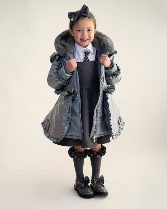 Caramelo Kids Grey Fur Trim Hood Peplum Coat *Preorder