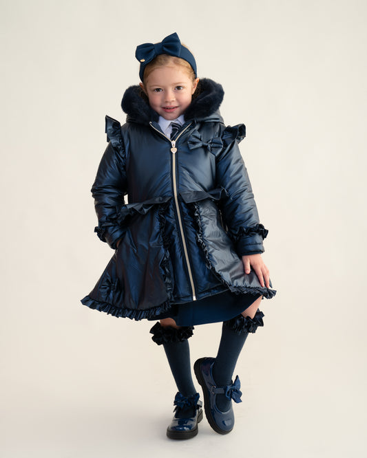 Caramelo Kids Navy Fur Trim Hood Peplum Coat