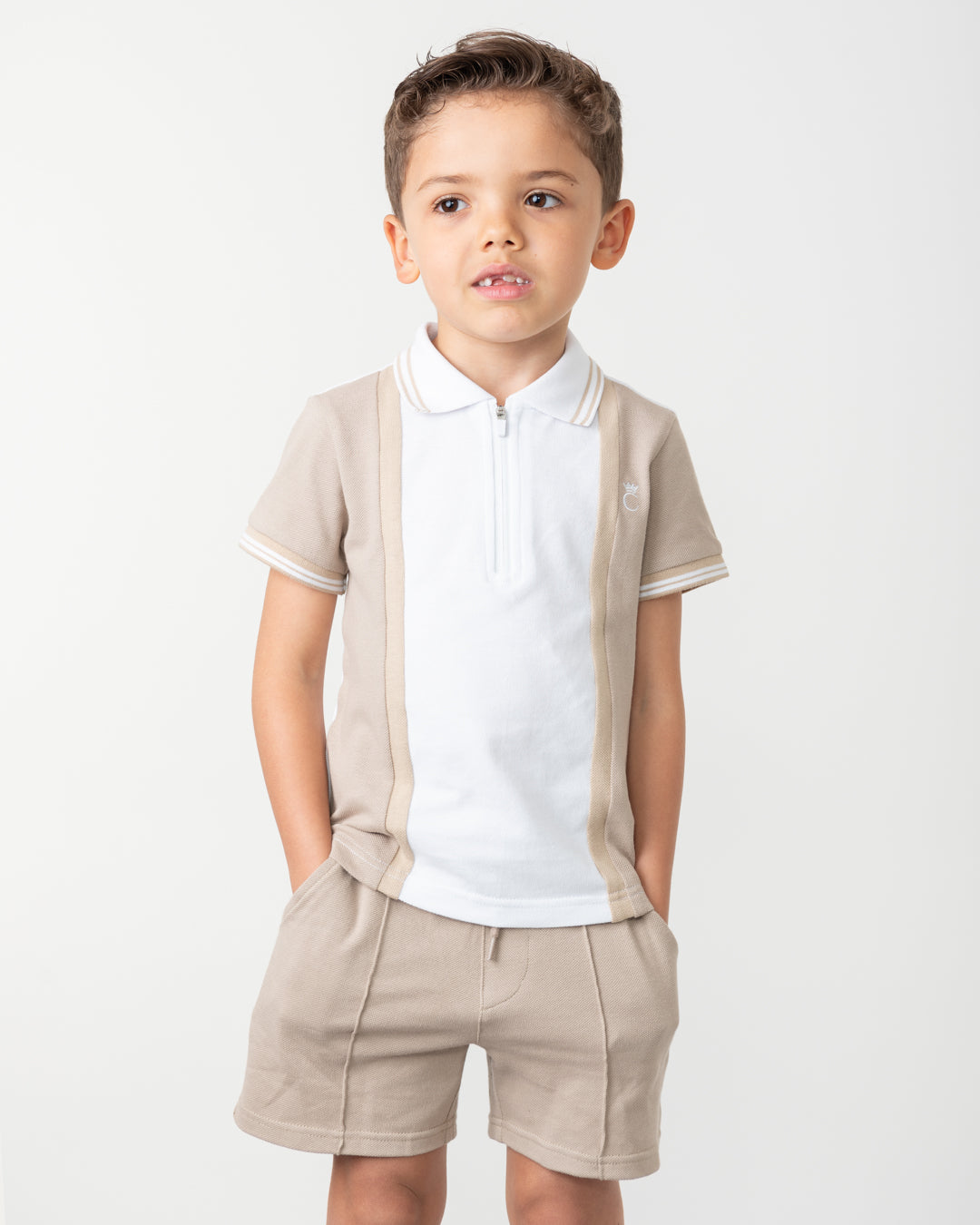 Caramelo Kids Boys Mink Contrast Zip Polo Shorts Set