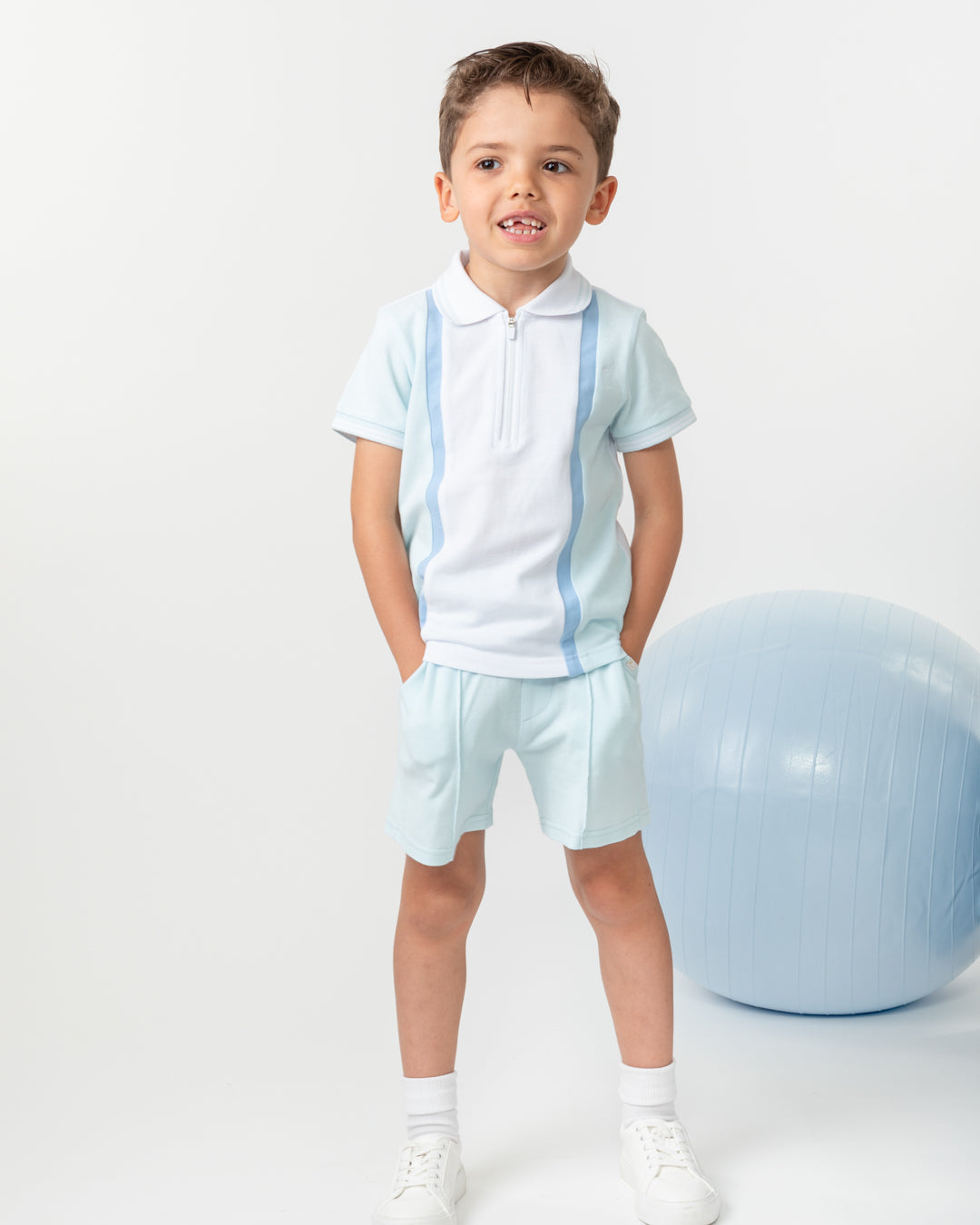 Caramelo Kids Boys Sky Contrast Zip Polo Shorts Set