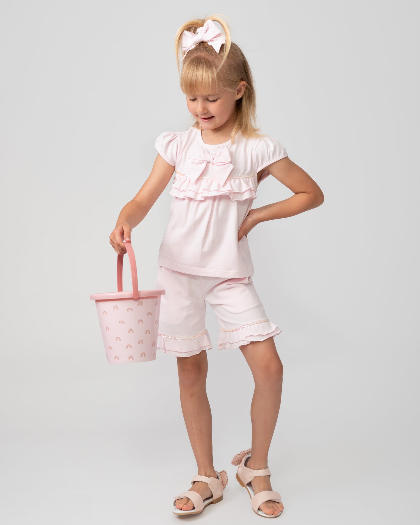 Caramelo Kids Girls Pink Tiered Frill Short Set with Headband