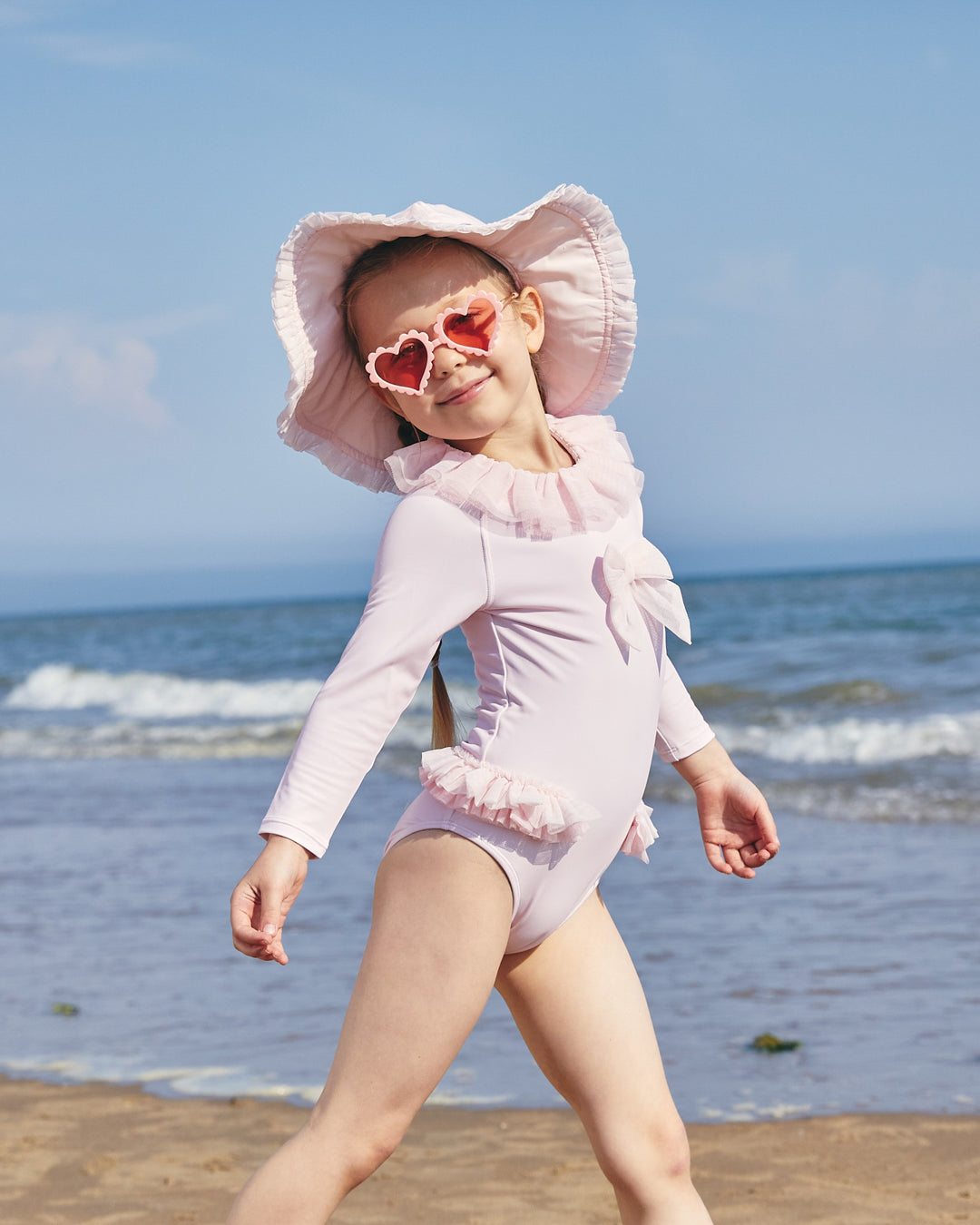 Caramelo Kids Girls Pink Long Sleeve Tulle Frill Swimsuit (UPF 50)