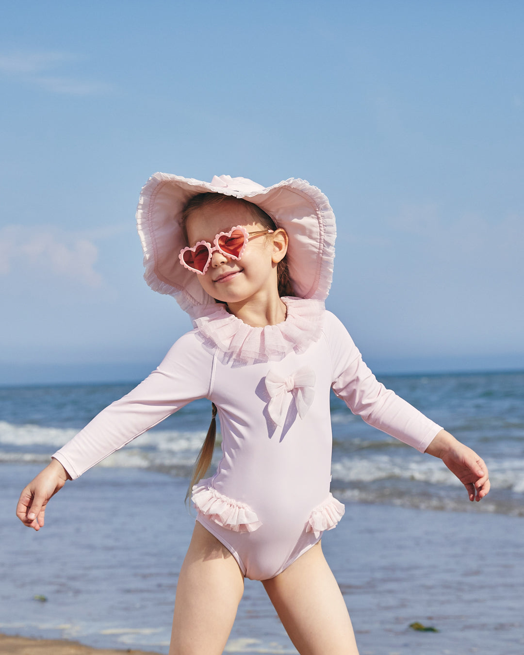 Caramelo Kids Girls Pink Long Sleeve Tulle Frill Swimsuit (UPF 50)