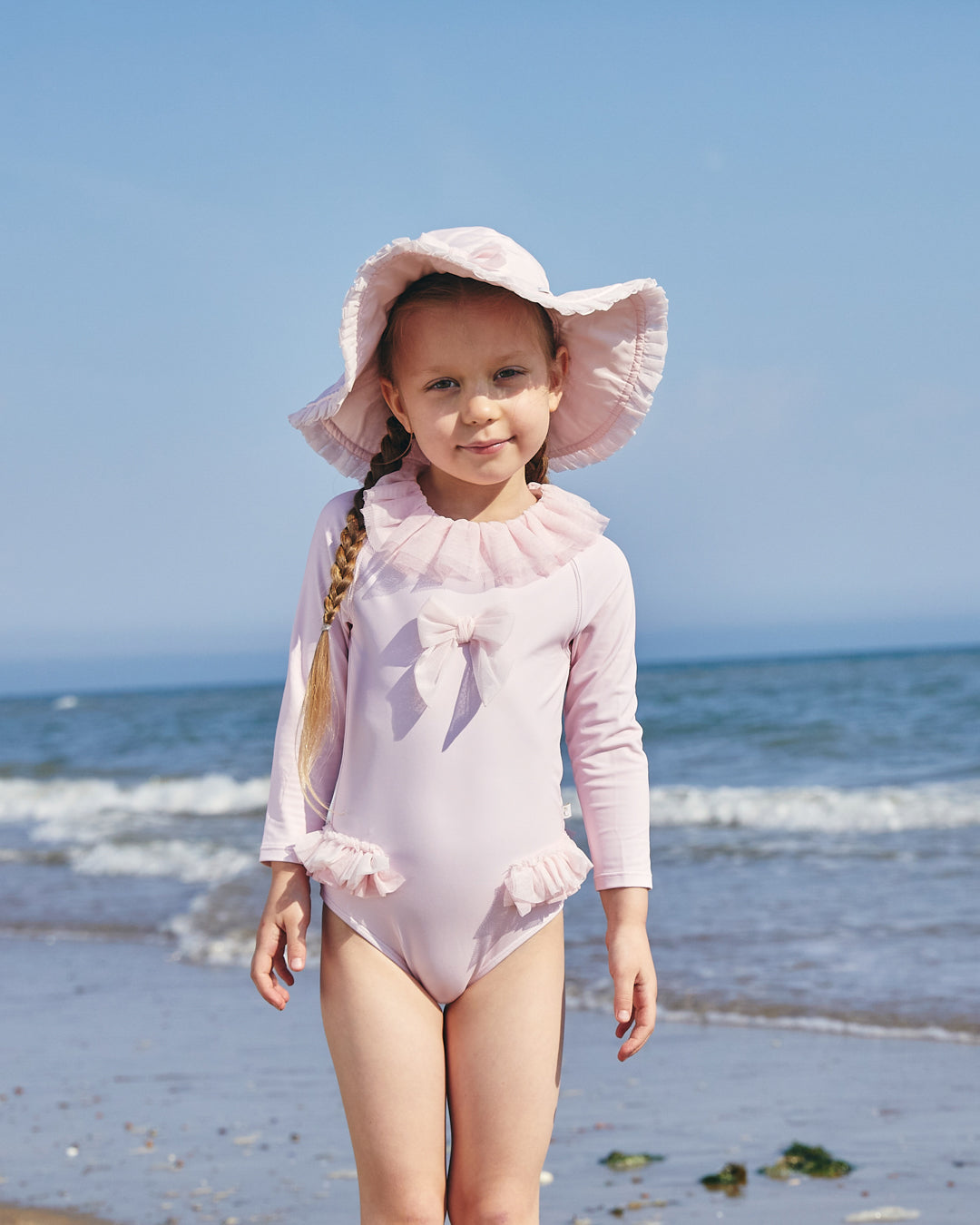 Caramelo Kids Girls Pink Long Sleeve Tulle Frill Swimsuit (UPF 50)