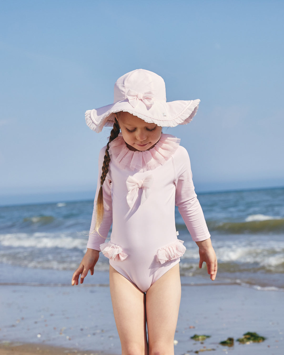 Caramelo Kids Girls Pink Long Sleeve Tulle Frill Swimsuit (UPF 50)