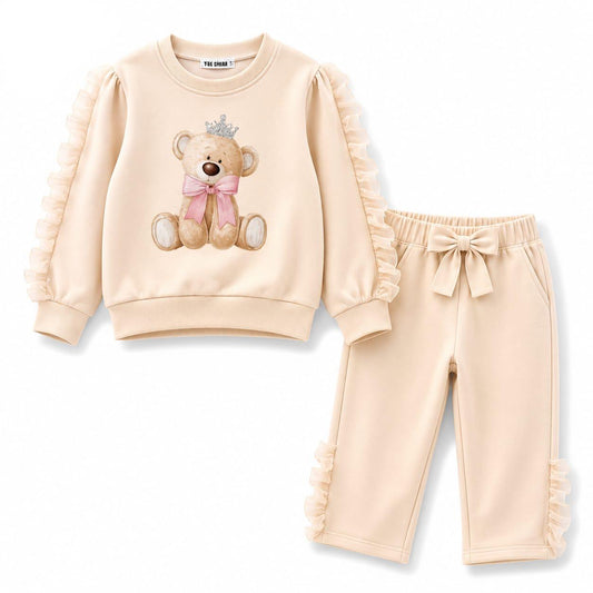 Giorgio Bambino cream teddy jogging set: bear sweatshirt with ruffle cuffs, jogger pants