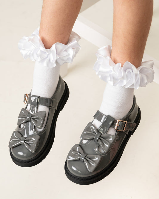 Caramelo Kids Grey Double Bow School Shoes