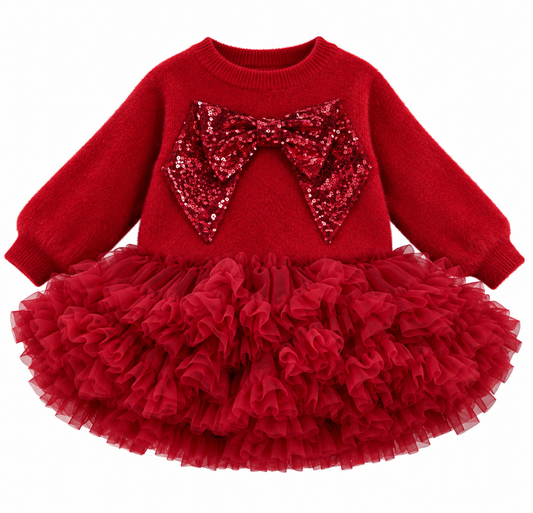 Girls red sequin bow tutu jumper set with ruffled tulle skirt, long sleeves