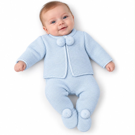 Light blue kids knit pom-pom jacket and pants set with front zipper