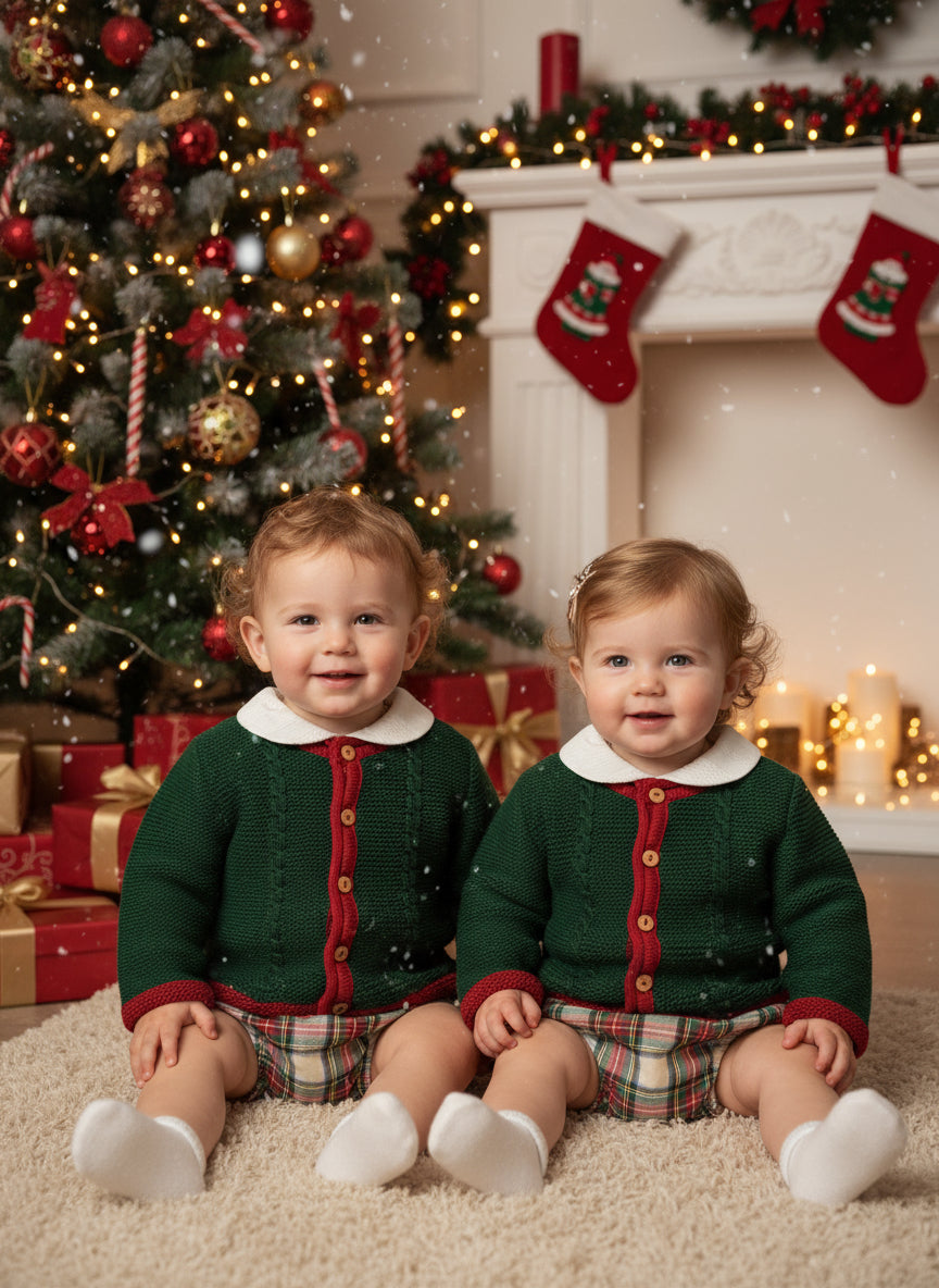 Green 3pc winter set: cardigan jacket, white-collar top, plaid knickers