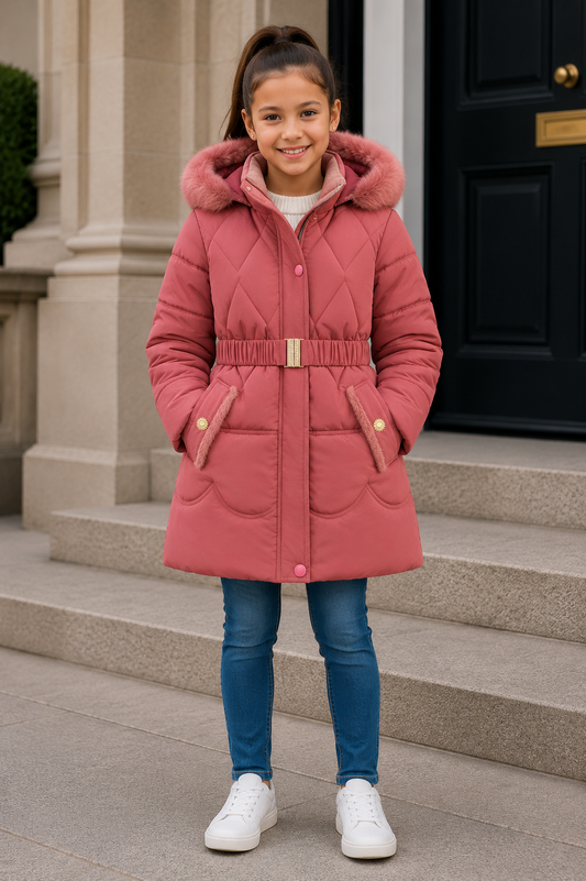 Girls coral hooded faux-fur puffer coat with belt, front zipper and side pockets