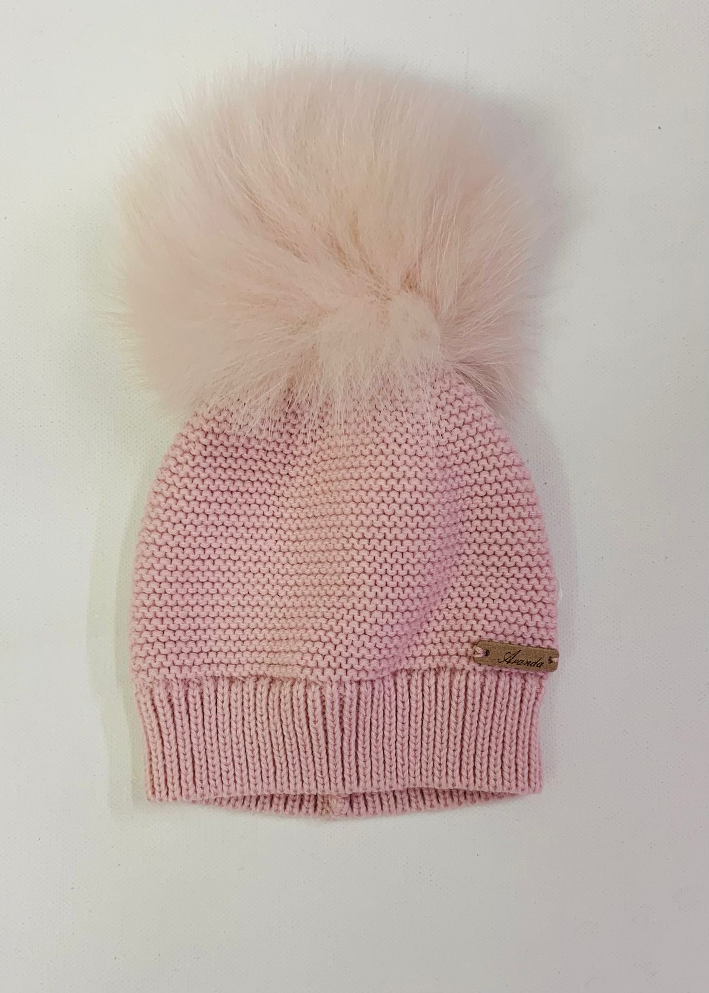 Girls knitted blush pink hat with real fur pom-pom and ribbed brim