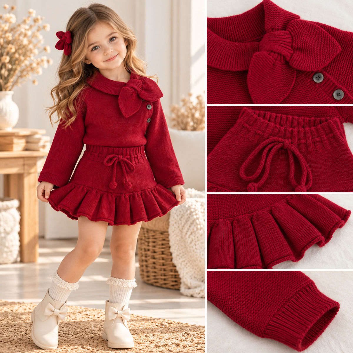 Girls Wine Red Knitted Bow Shorts Set – Two Piece Outfit Age 2–7 Years *Online Product