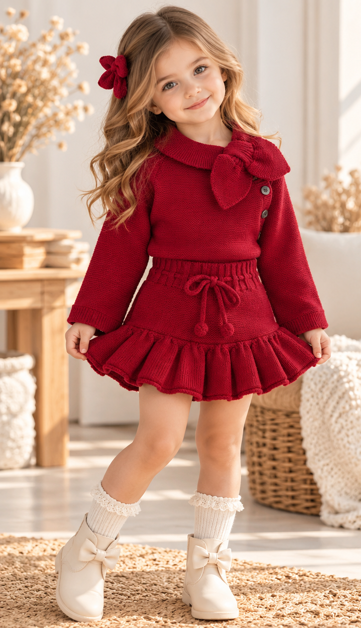 A young girl modeling a red knit two-piece outfit with a long-sleeve top featuring a large bow at the collar and a ruffled mini skirt with a drawstring waist. The image includes a full-body view of the child and three close-up detail panels on the right showing the bow, waistband, skirt, and cuff.