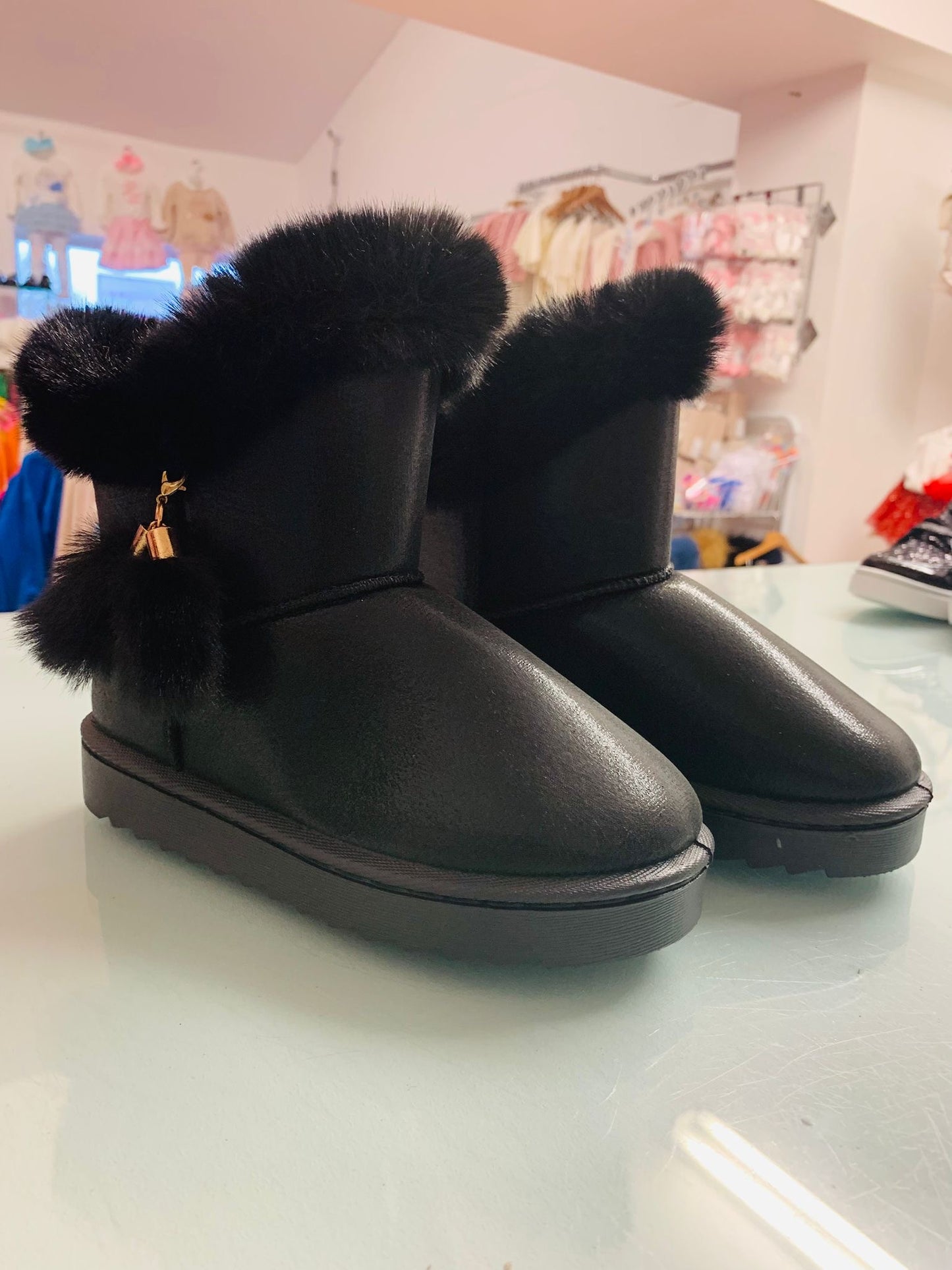 Girls Faux Fur Boots Black Pom Pom