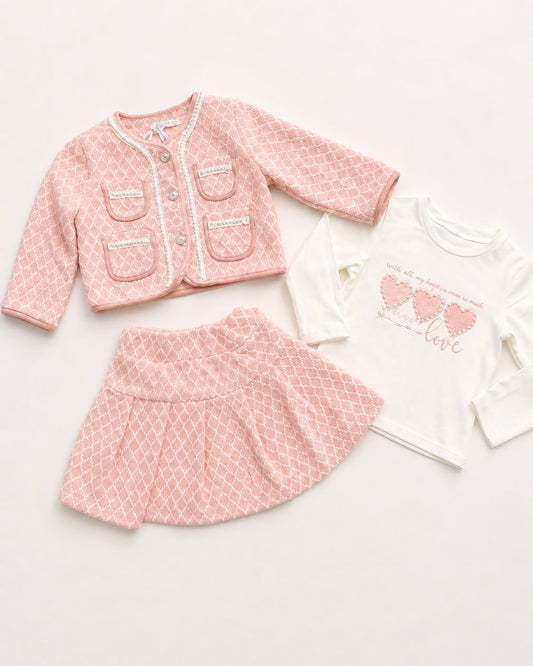 Girls knitted 3-piece skirt set: pink cardigan and skirt with white heart tee