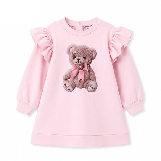 Pink toddler teddy bear print dress with ruffle sleeves and long cuffs