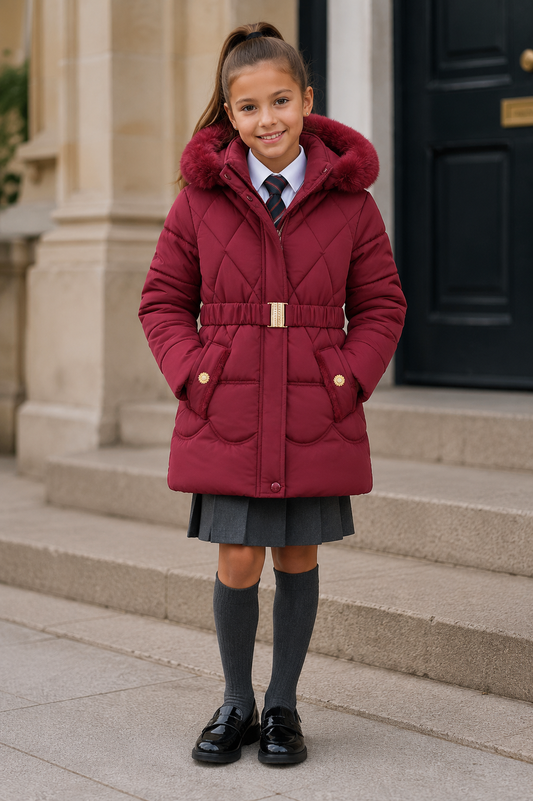 Girls red hooded puffer coat with faux fur collar, belted waist and pockets