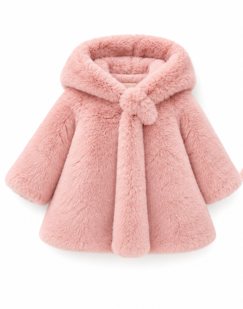 Girls pink faux fur hooded coat with bow detail, long sleeves, A-line