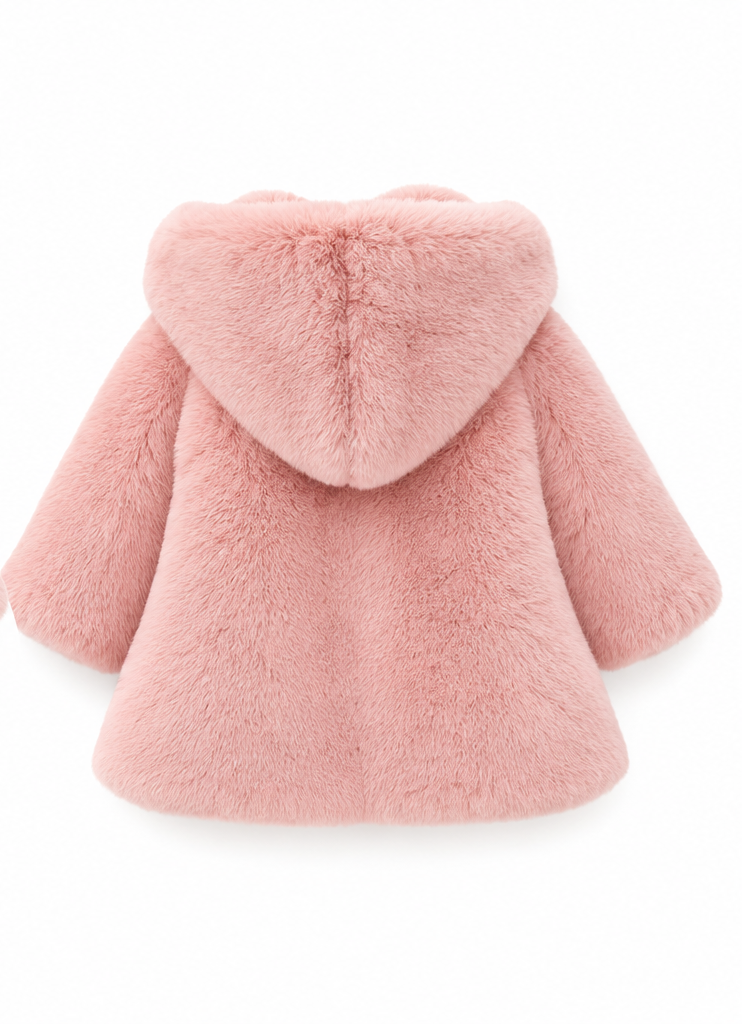 Girls pink faux fur hooded coat, rear view with full sleeves and flared hem