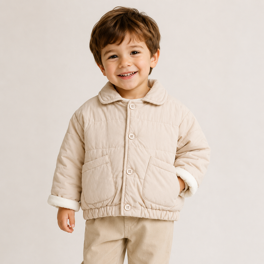 Mini puffer pocket jacket in off white with front buttons and two chest pockets