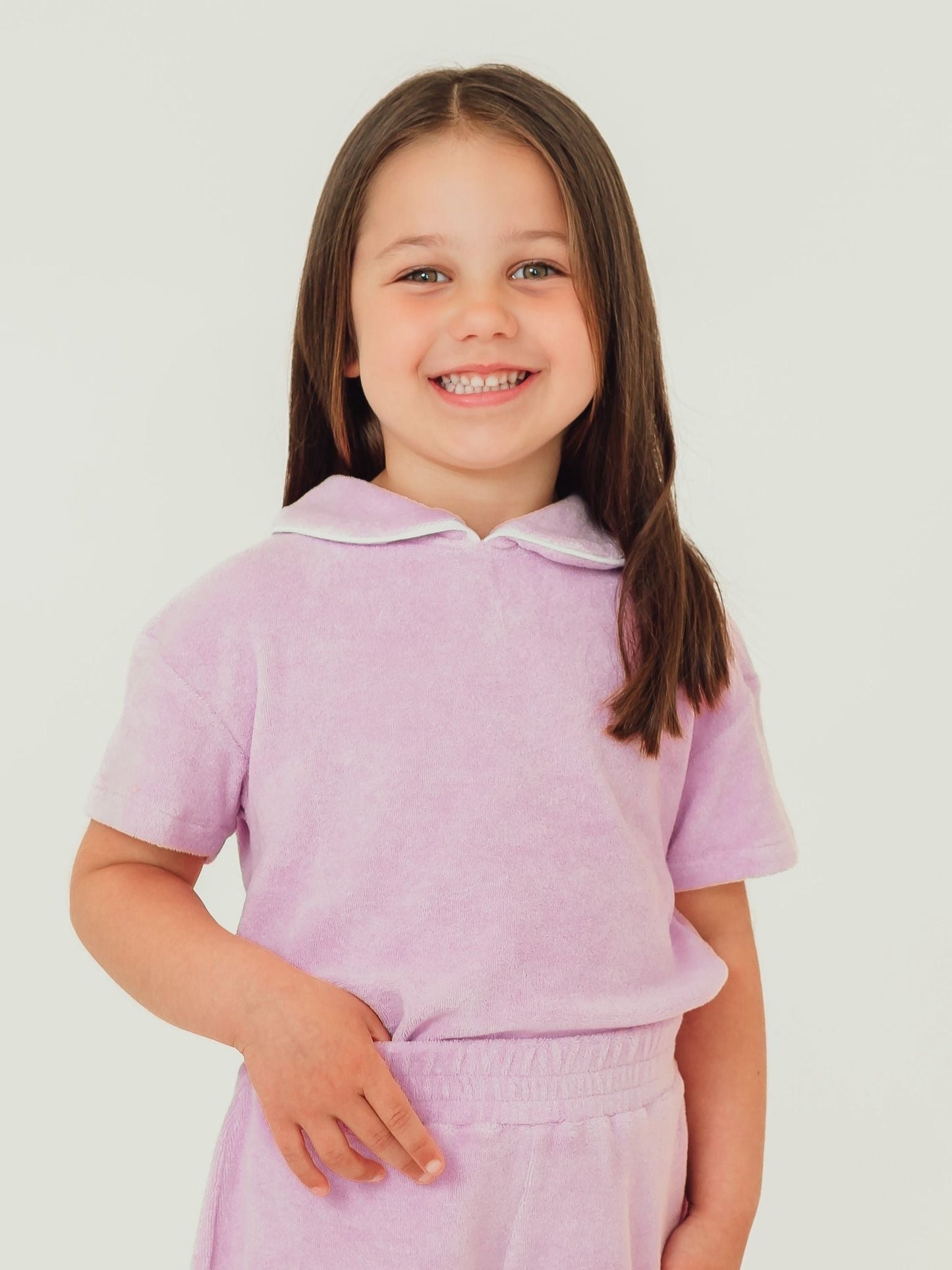 Lilac towelling short set with frilled collar and gathered ruffle waist shorts