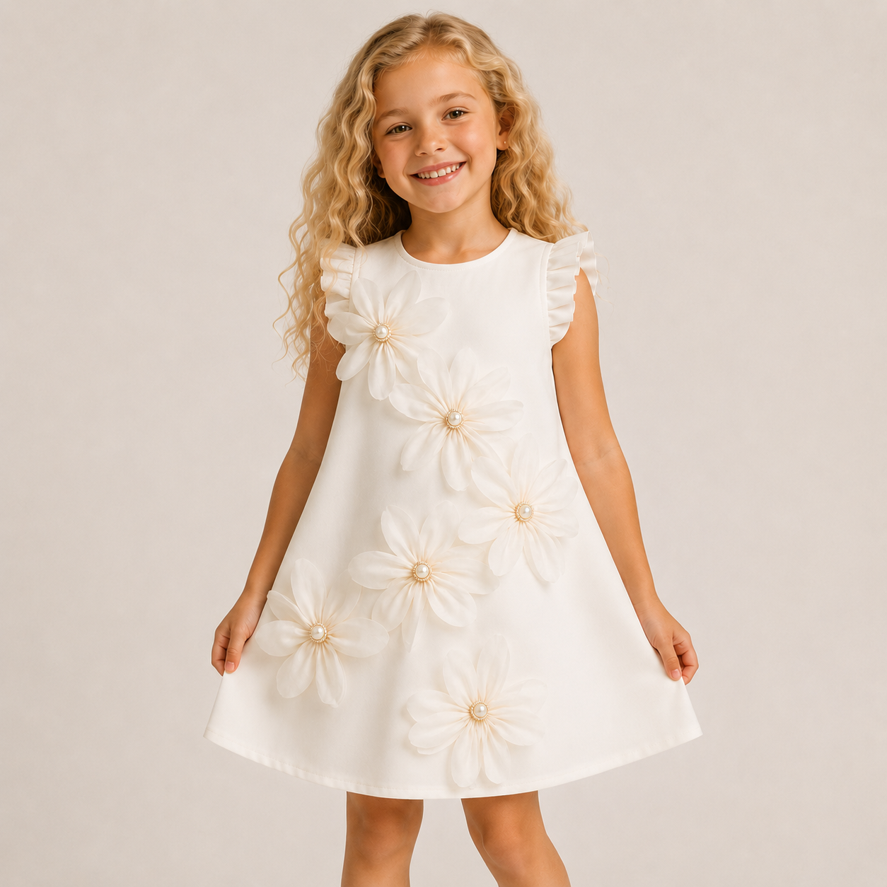 Ivory sleeveless occasion dress with ruffled shoulders and large floral appliqués