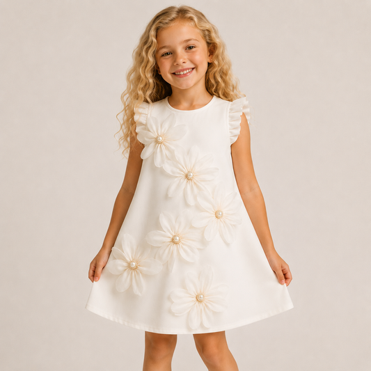 Ivory occasion dress with floral appliqué, ruffled cap sleeves, pearl centers