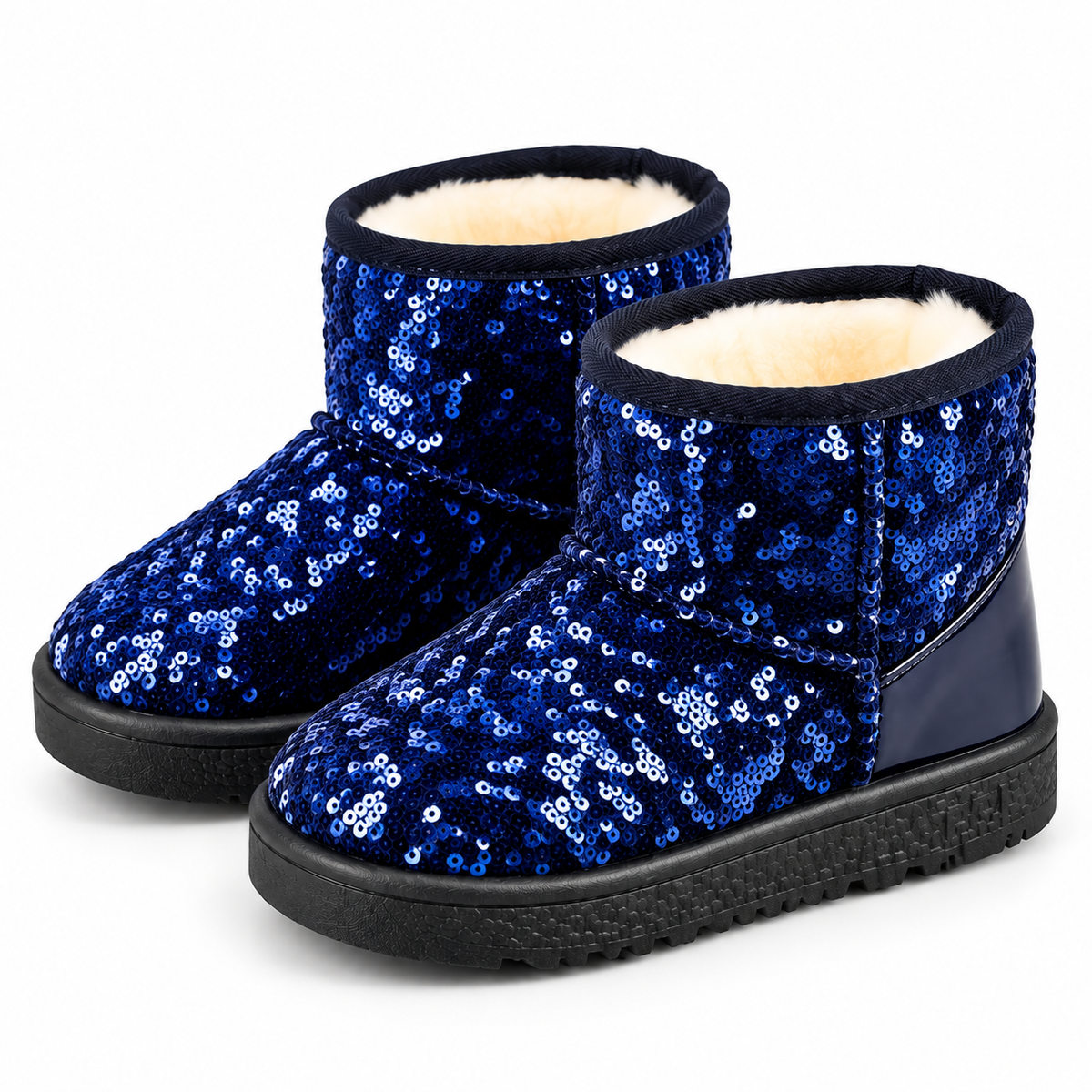 Girls navy blue sequin fur-lined ankle boots with fuzzy cream lining