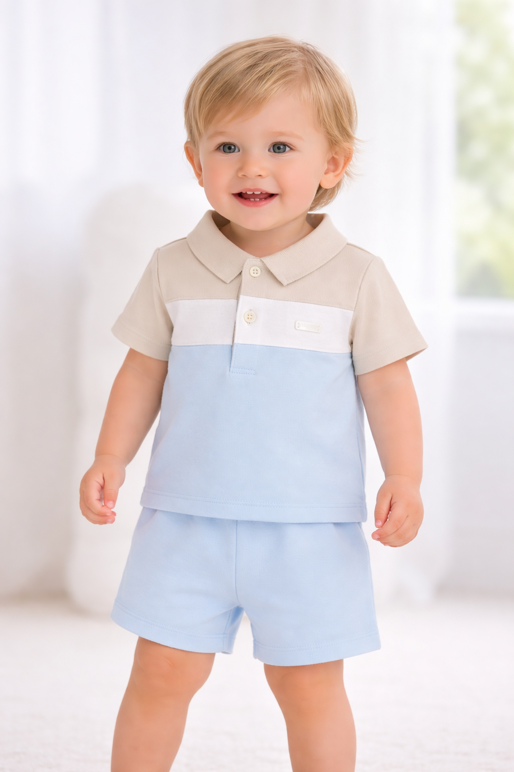Amore Baby Boys Blue Beige Polo & Short Set